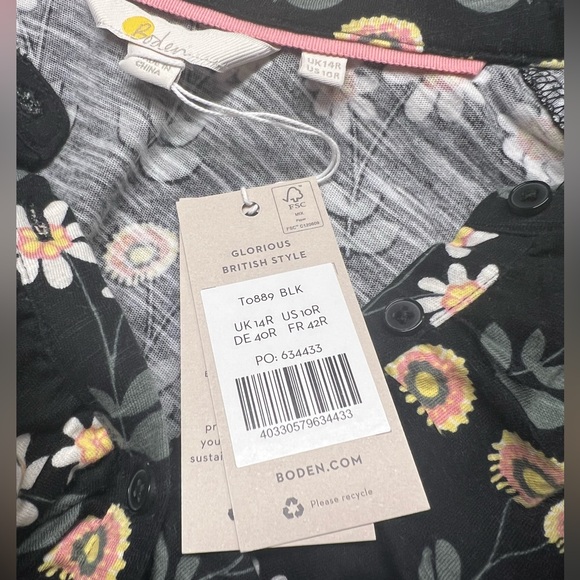 BODEN, Ruffle Front Jersey Shirt Black, US 10 R UK 14 floral new with tags - Picture 11 of 14